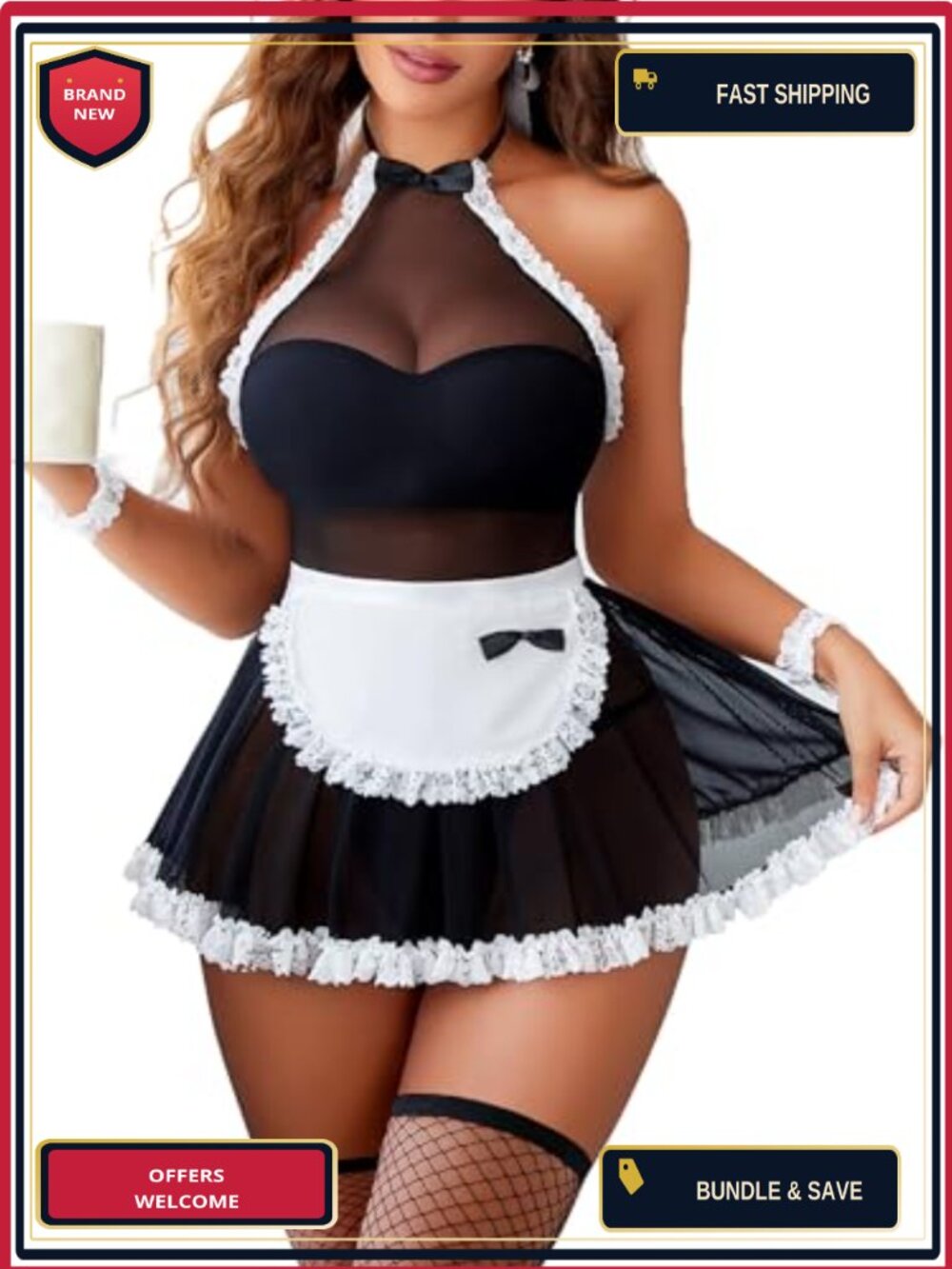 Avidlove Ruffle Halter Babydoll Mini Dress Lingerie Set with Apron